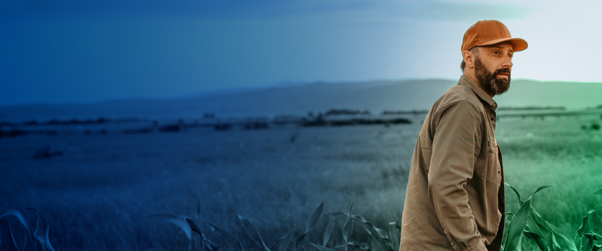 A farmer wearing a cap standing in a field at sunset, reflecting agricultural lender partnership