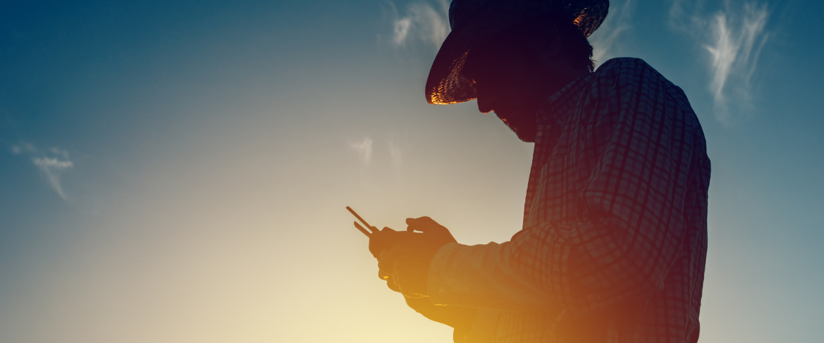 Image of A farmer in a field looking into an ag line of credit on his phone to cover planting costs.