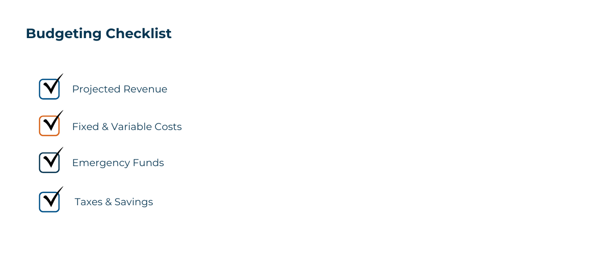 Image Of Budgeting Checklist, Projected Revenue, Fixed & Variable Costs, Emergency Funds, Taxes & Savings