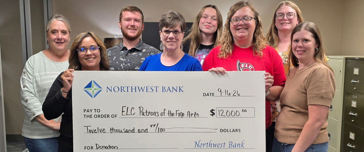 ) Yas Mata, Mortgage Banker at Northwest Bank in Estherville, representatives from the Estherville Lincoln Central Fine Arts teaching department, Patrons of the Fine Arts, and participating students.