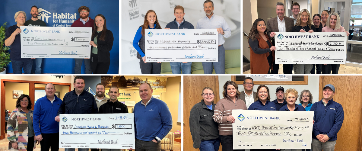 Northwest Bank staff present donations to Four Habitat for Humanity chapter representatives in Iowa.