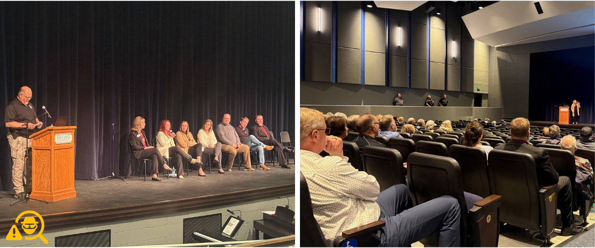 Image of Our Estherville Fraud Prevention Seminar hosted at Iowa Lakes Community College with panel speakers on stage and audience members attending the community education event.