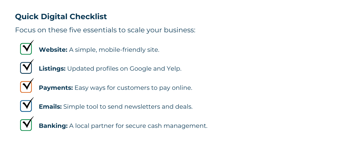 Quick Digital Checklist highlighting five business essentials: a mobile-friendly website, updated online listings, online payment options, email marketing tools, and secure banking solutions to support growth and customer engagement.