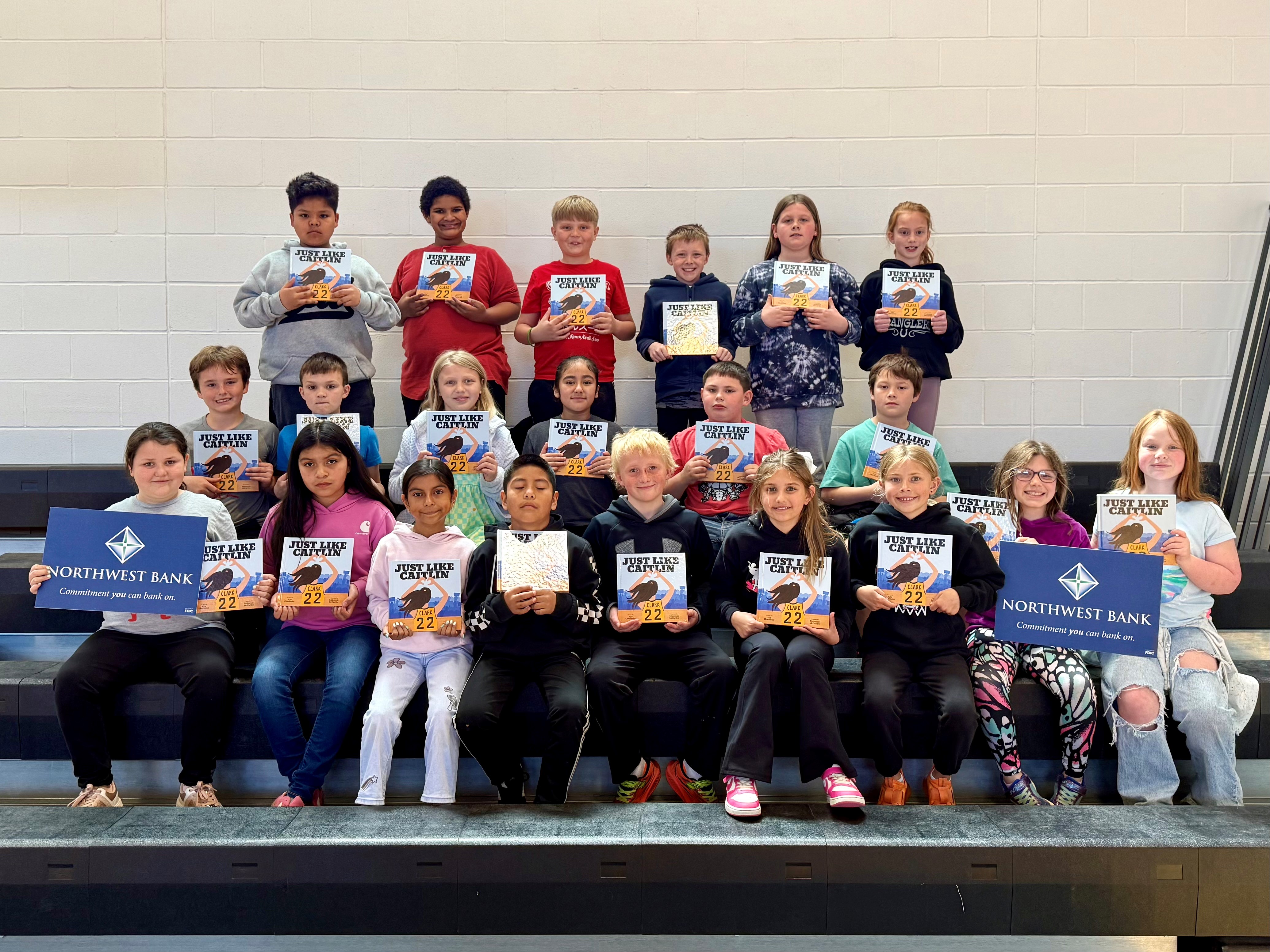 Image of Estherville Elementary Students with their Caitlyn Clark Books Provided by Northwest Bank.