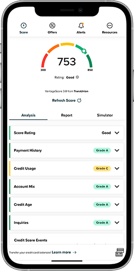 Image of phone displaying credit sense app